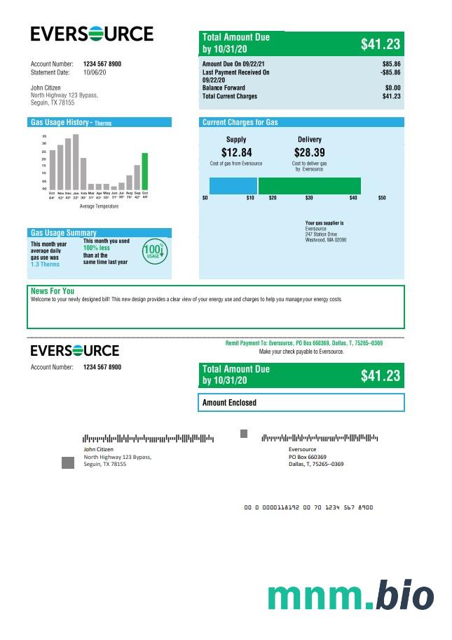USA Eversource gas rachunek za media szablon w formacie Word i PDF, dobre dla adresu udowodnić
